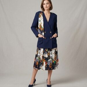 NWT 3 pc Vintage Suit Double-Breasted Blazer Nautical Pleated Skirt Scarf Navy M
